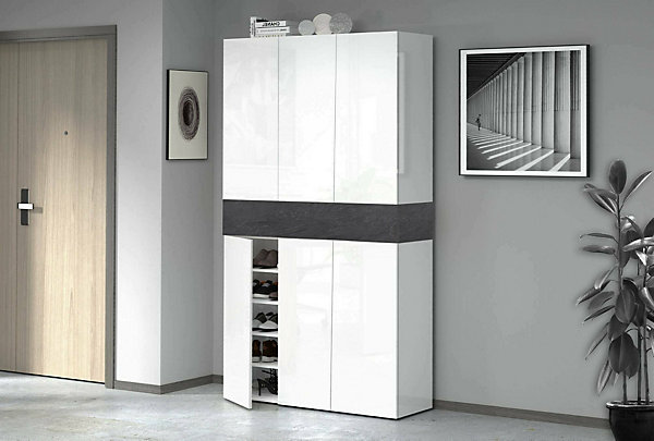 Meuble chaussures Dcancellier, Meuble chaussures peu encombrante à 7 portes, 114x38h200 cm, Blanc et Ardoise