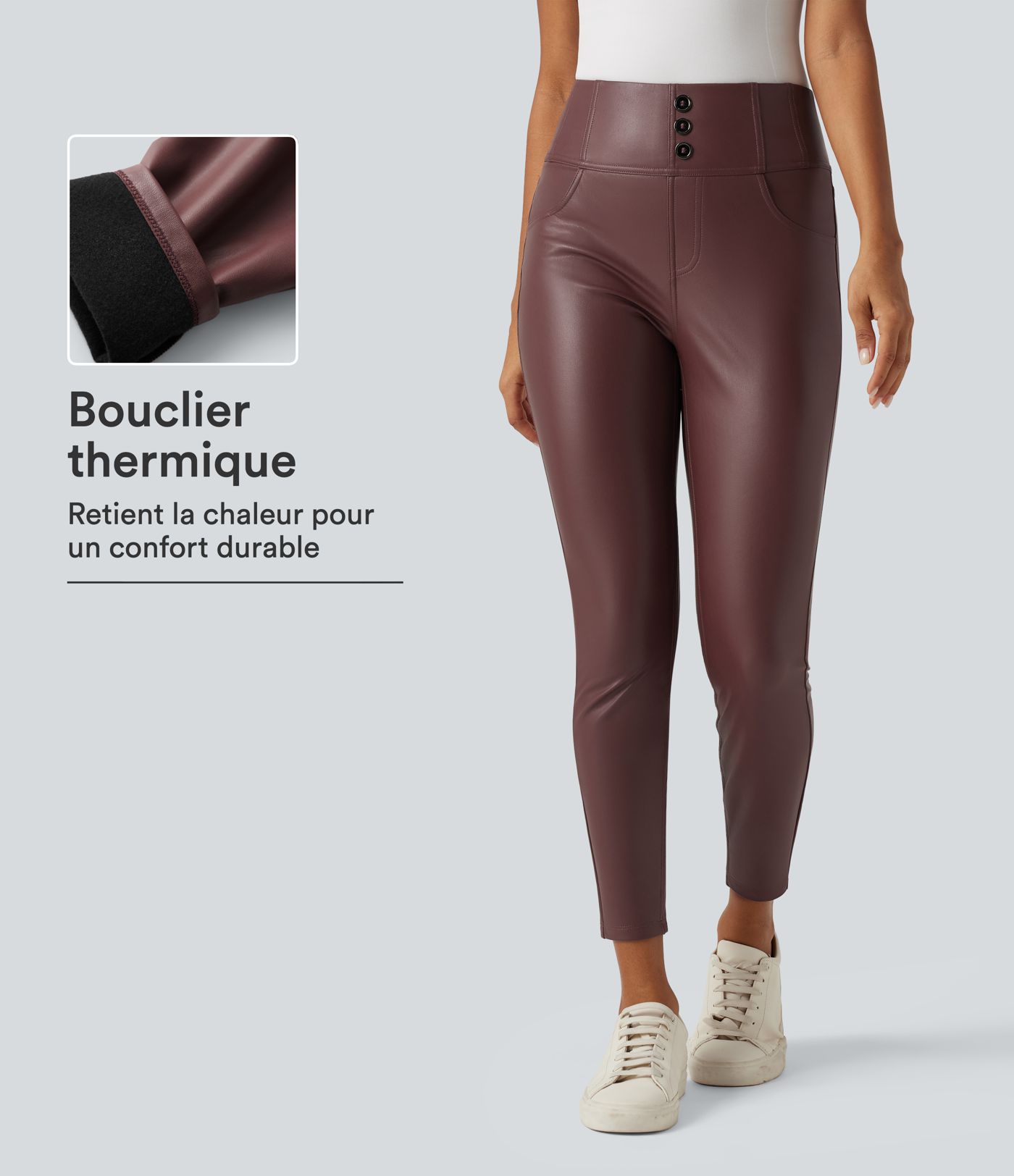 Legging taille haute en simili stretch doublé polaire avec poches