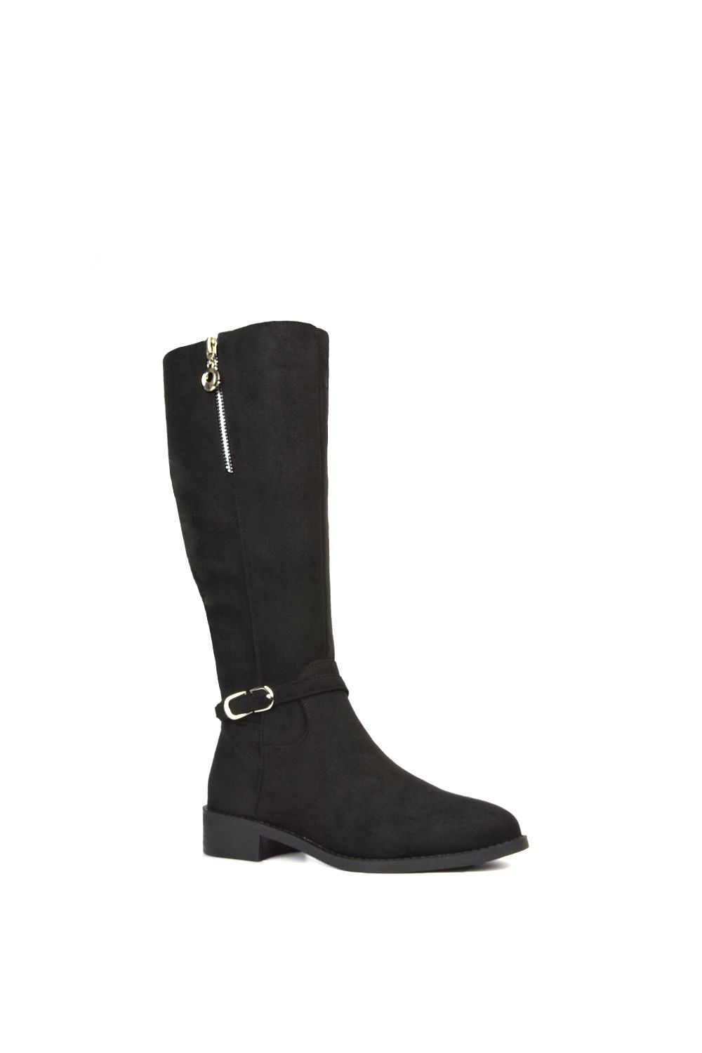 XY London Georgina' Knee High Boots Low Heel Zip Up Calf Riding Biker With Ankle Strap