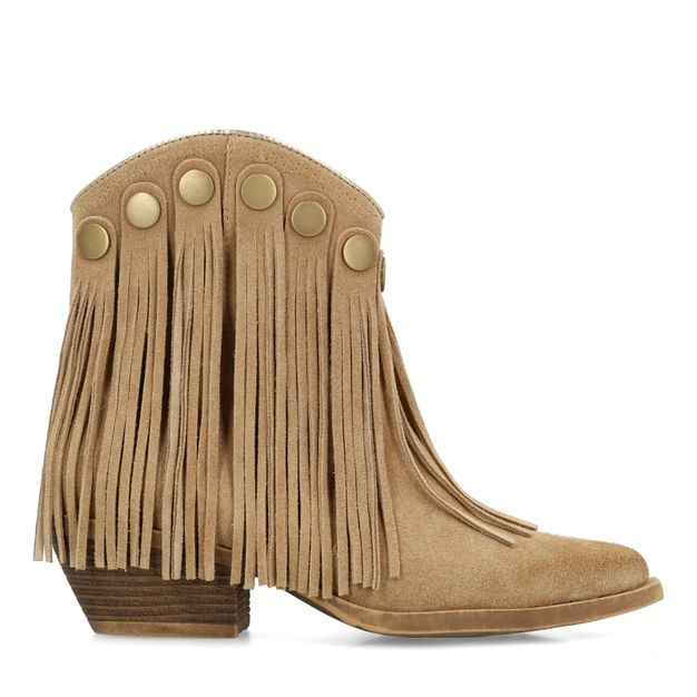 Beige suède western enkellaarsjes met franjes