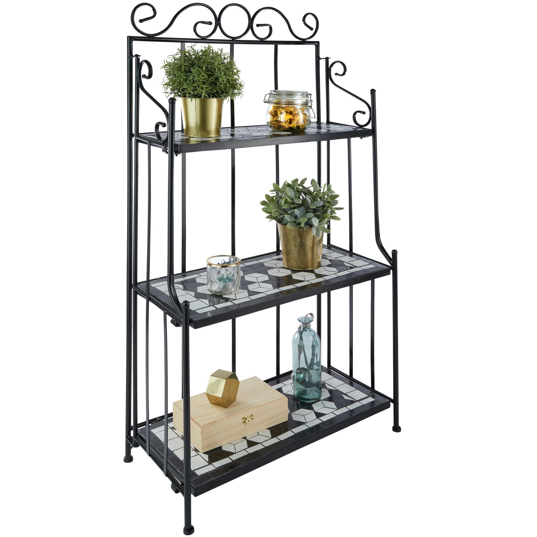 - Etagère pour plantes mosaïque 3 niveaux noir/blanc