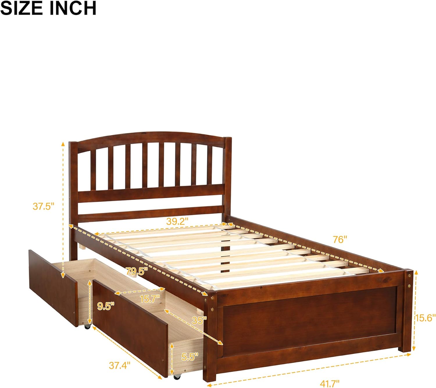 Harper & Bright Designs Twin Bed Frame with Storage, Wood Platform Bed with 2 Drawers and Headboard (Walnut)