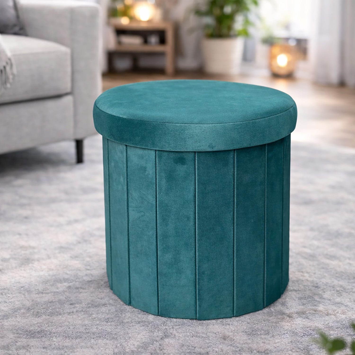 Pouf pieghevole tondo blu velluto 38 cm
