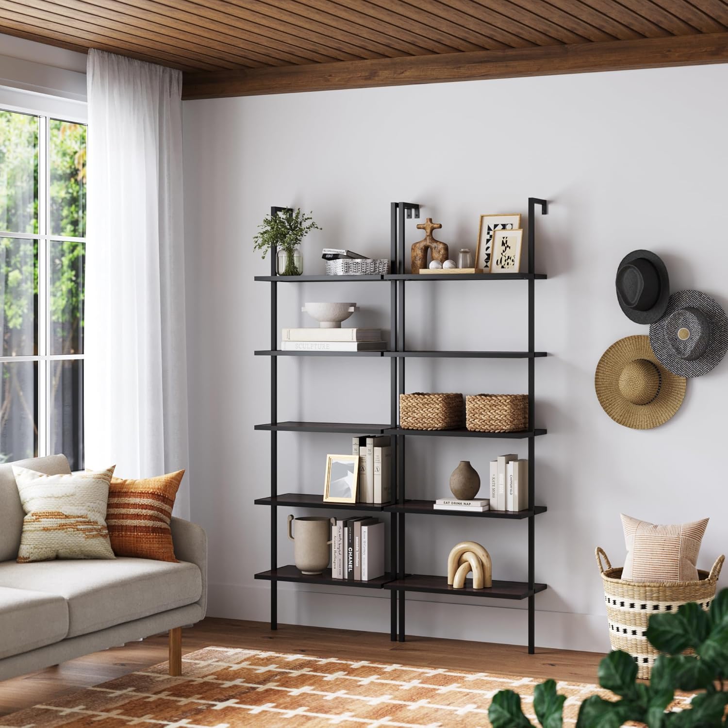 Nathan James 65501 Theo 5-Shelf Wood Modern Bookcase, Open Wall Mount Ladder Bookshelf with Industrial Metal Frame, Dark Walnut Brown/Black, Set of 2