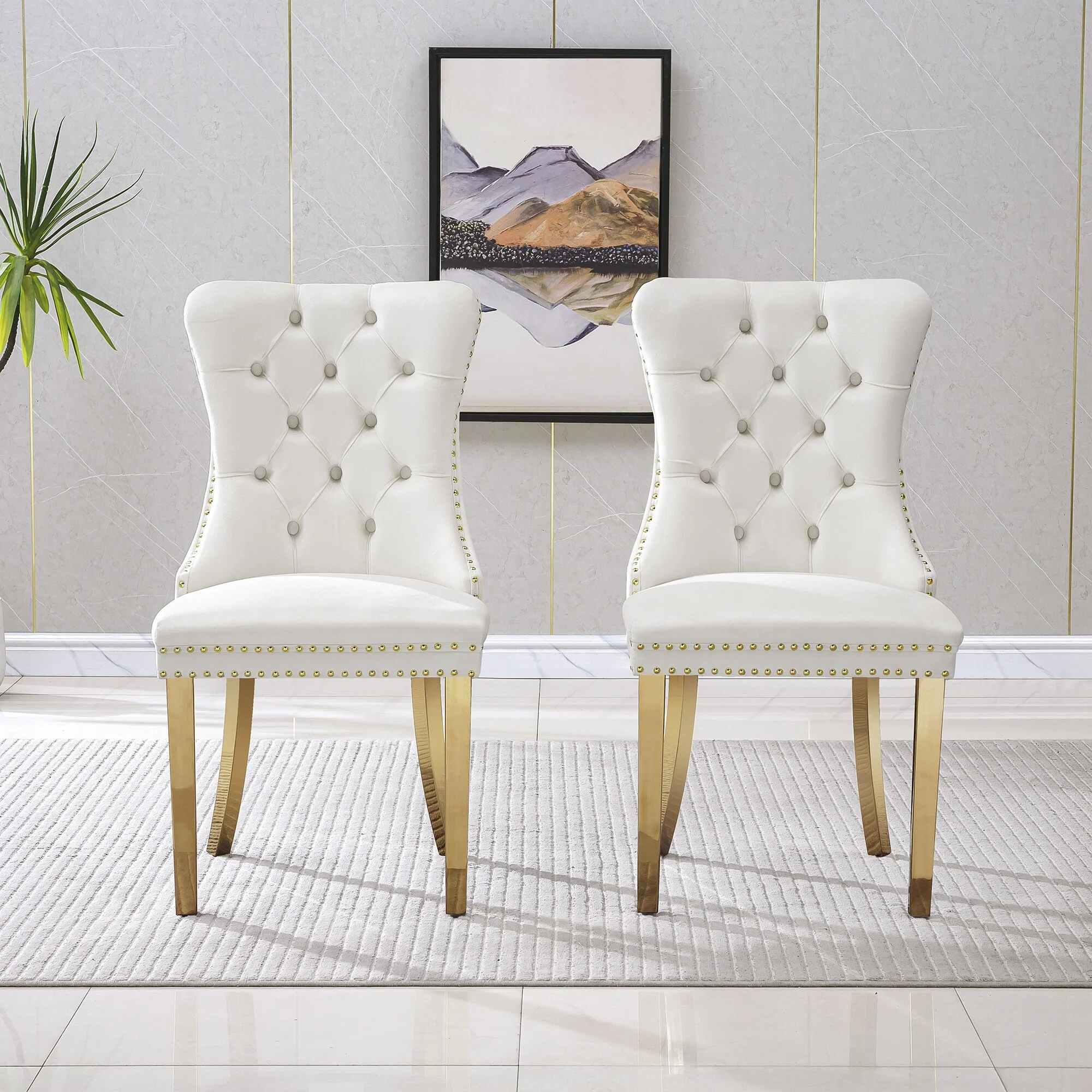 Elegant Velvet Dining Chairs with Mirrored Finish Legs - Set of 2, 19.7L x 24D x 36.2H, Luxurious Dining Room