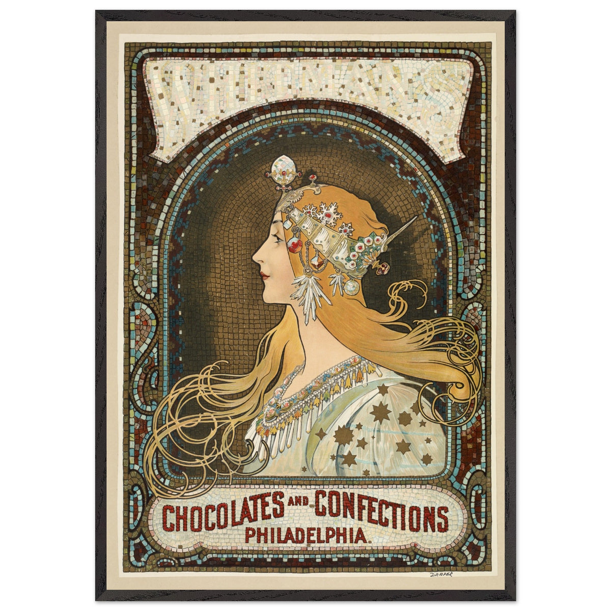 Artfulprints Poster met Lijst Alphonse Mucha - Chocolates and confections Philadelphia  - 70x100 cm - Bruin