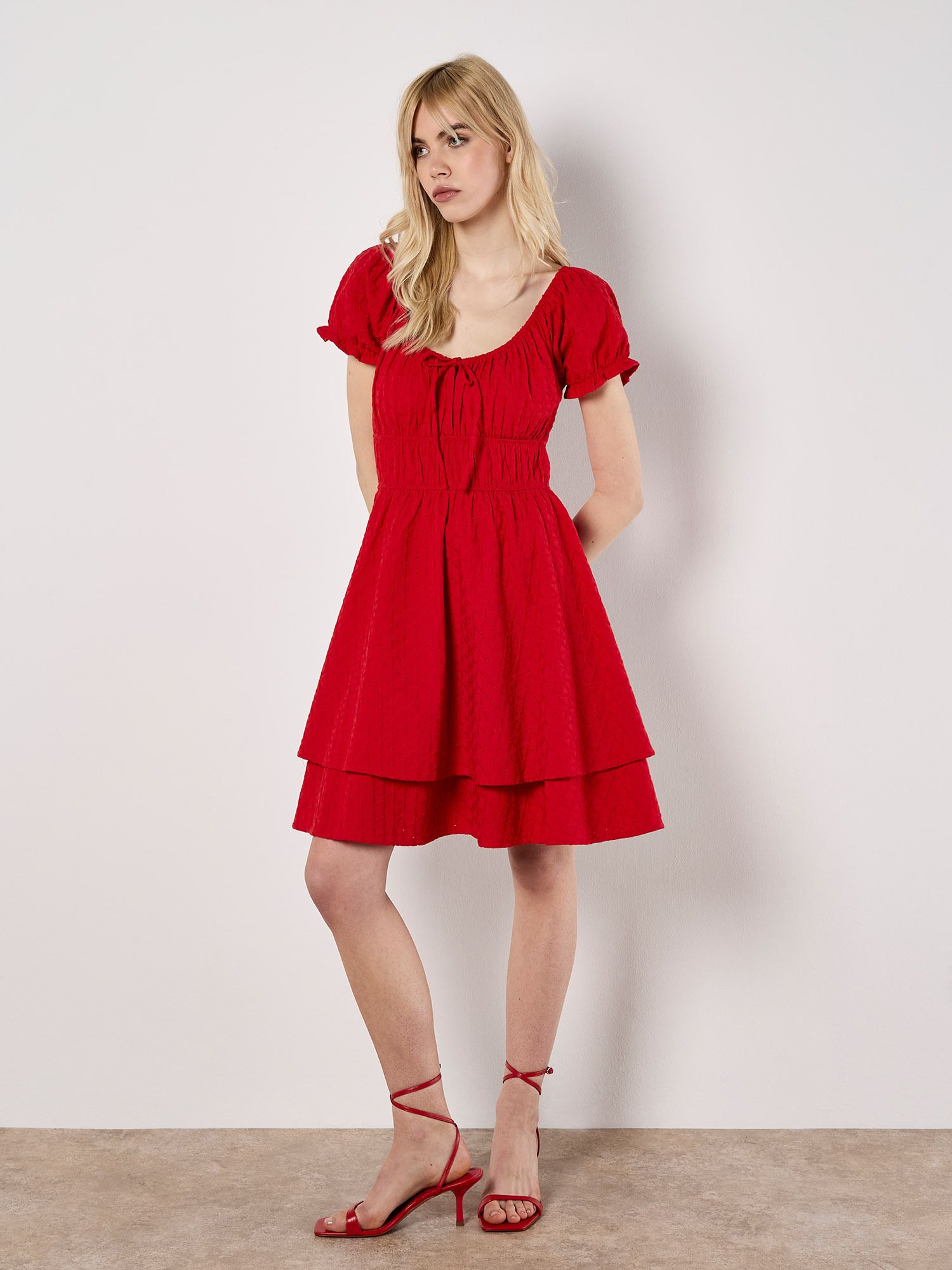 Apricot Eyelet Embroidery Tiered Mini Dress
