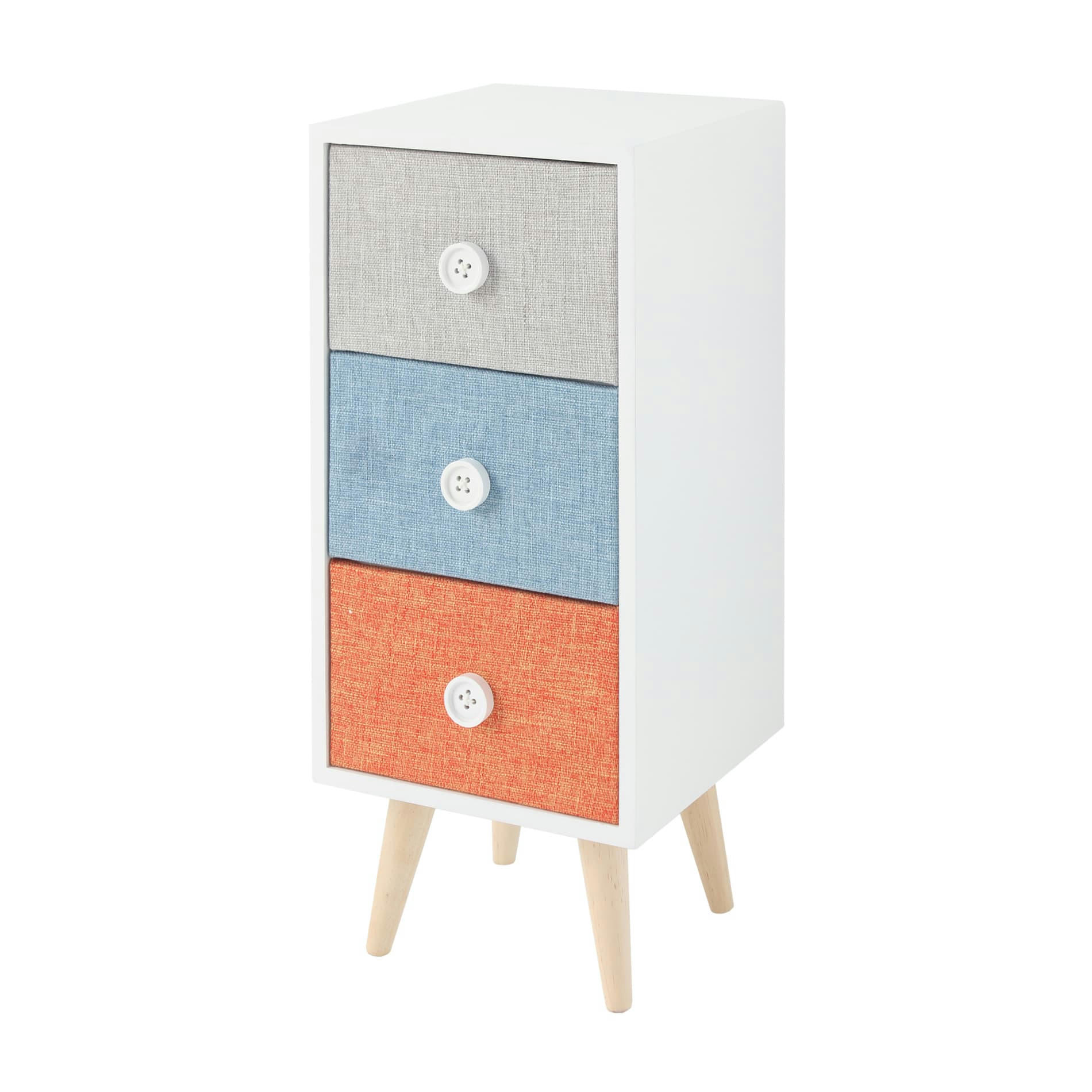 - Table de chevet avec 3 tiroirs à boutons en MDF et tissu blanche