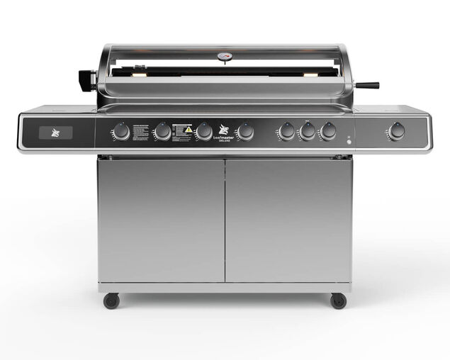 Deluxe Beefmaster T-Series 6 Burner BBQ on Deluxe Cart with Cast Iron Side Burner