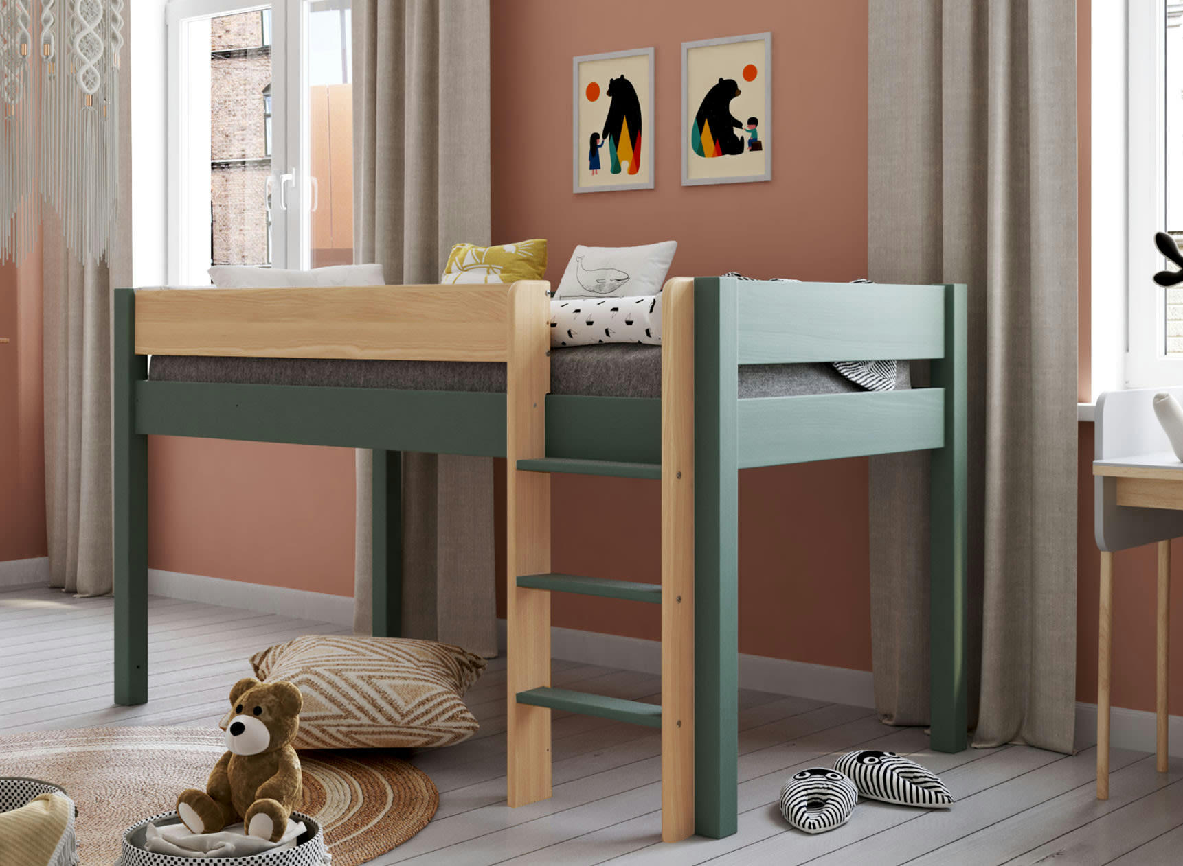 HOYA - Lit mi-hauteur 90x190 en Pin massif Kaki et Bois