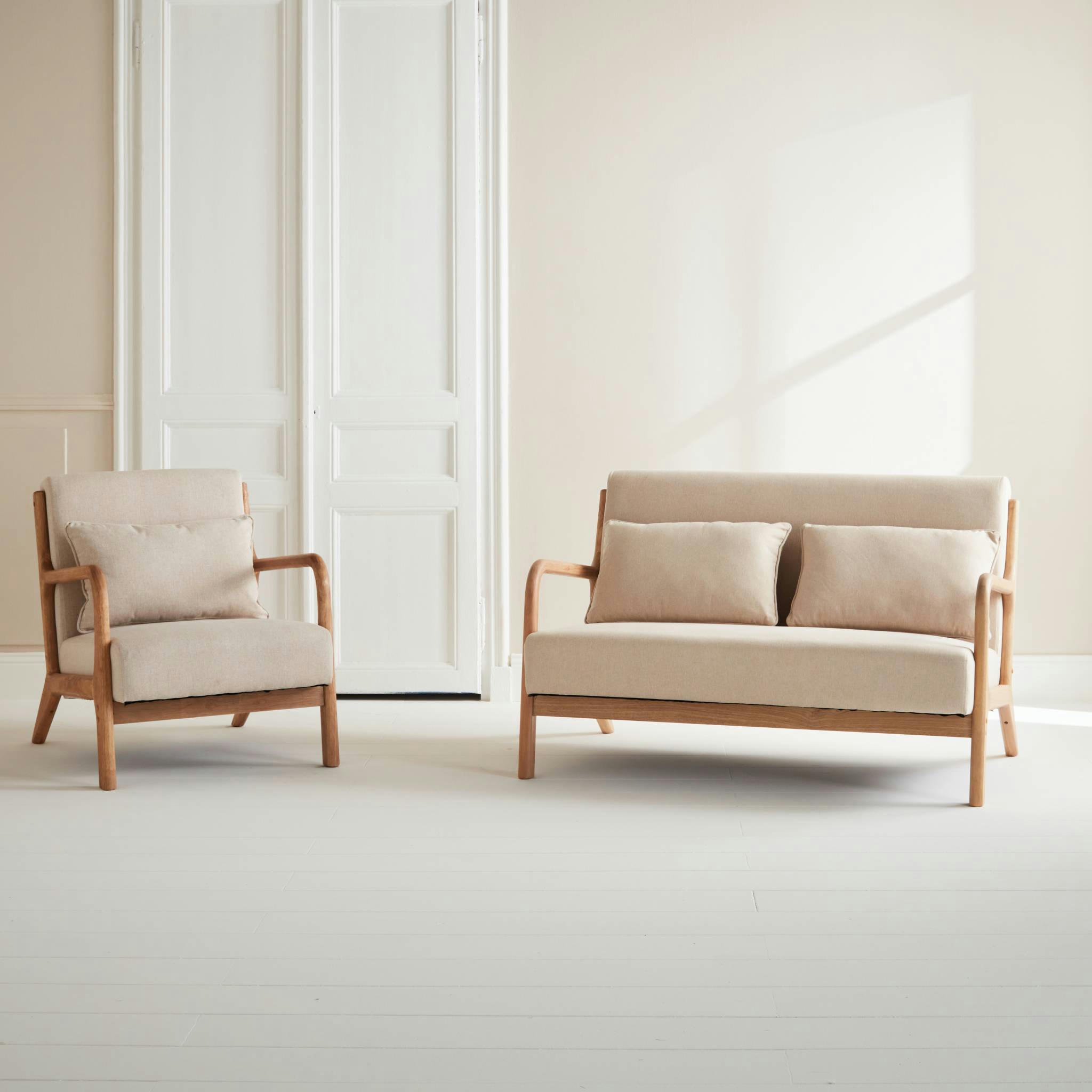 LORENS - Banquette 2 places + fauteuil bois, tissu beige