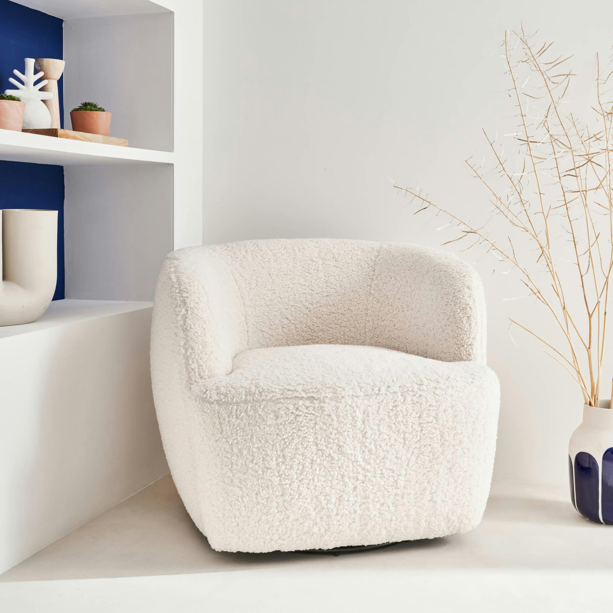 LAYA - Fauteuil cosy rond pivotant en bouclette crème
