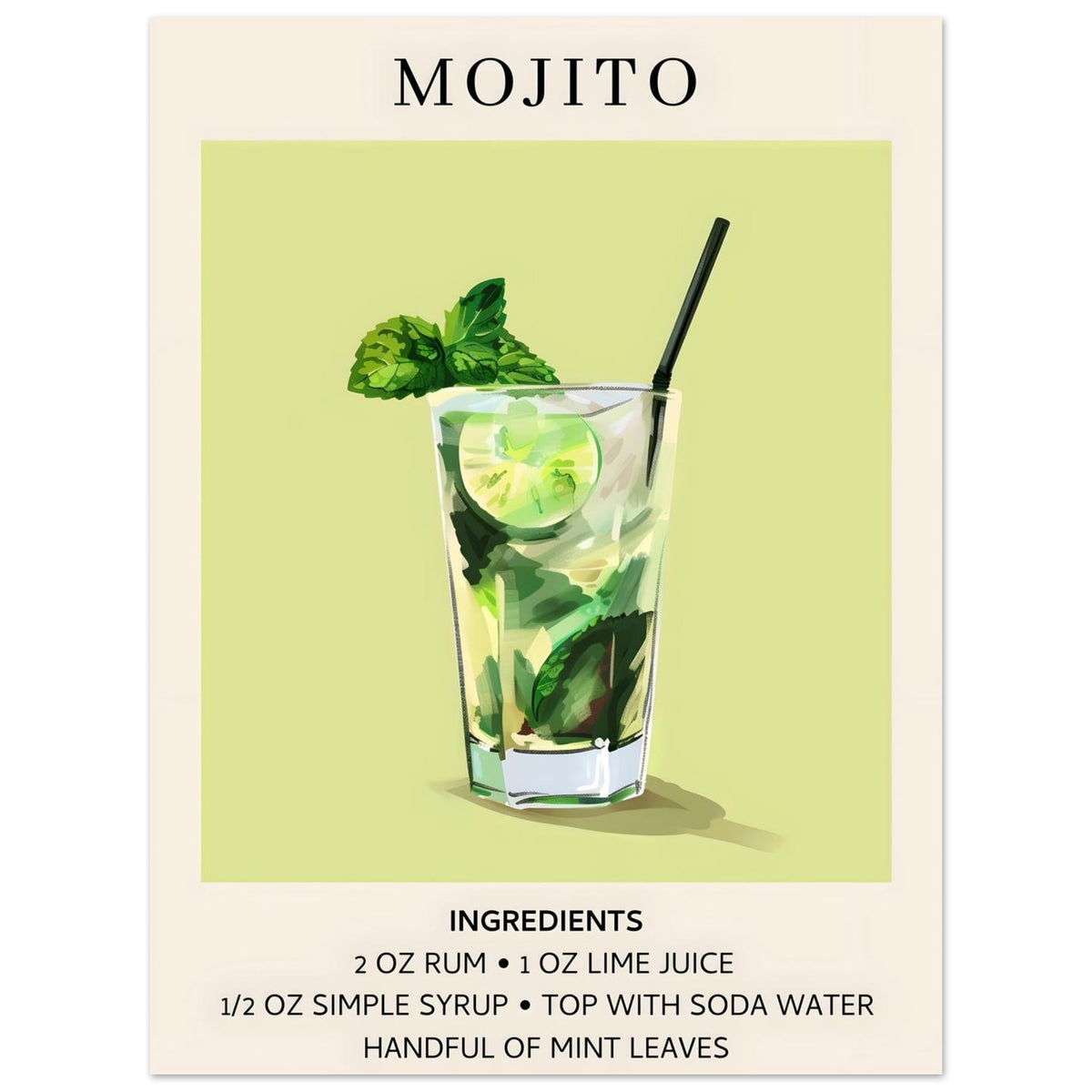 Artfulprints Poster Mojito cocktail - Ingrediënten  - 30x40 cm - Groen