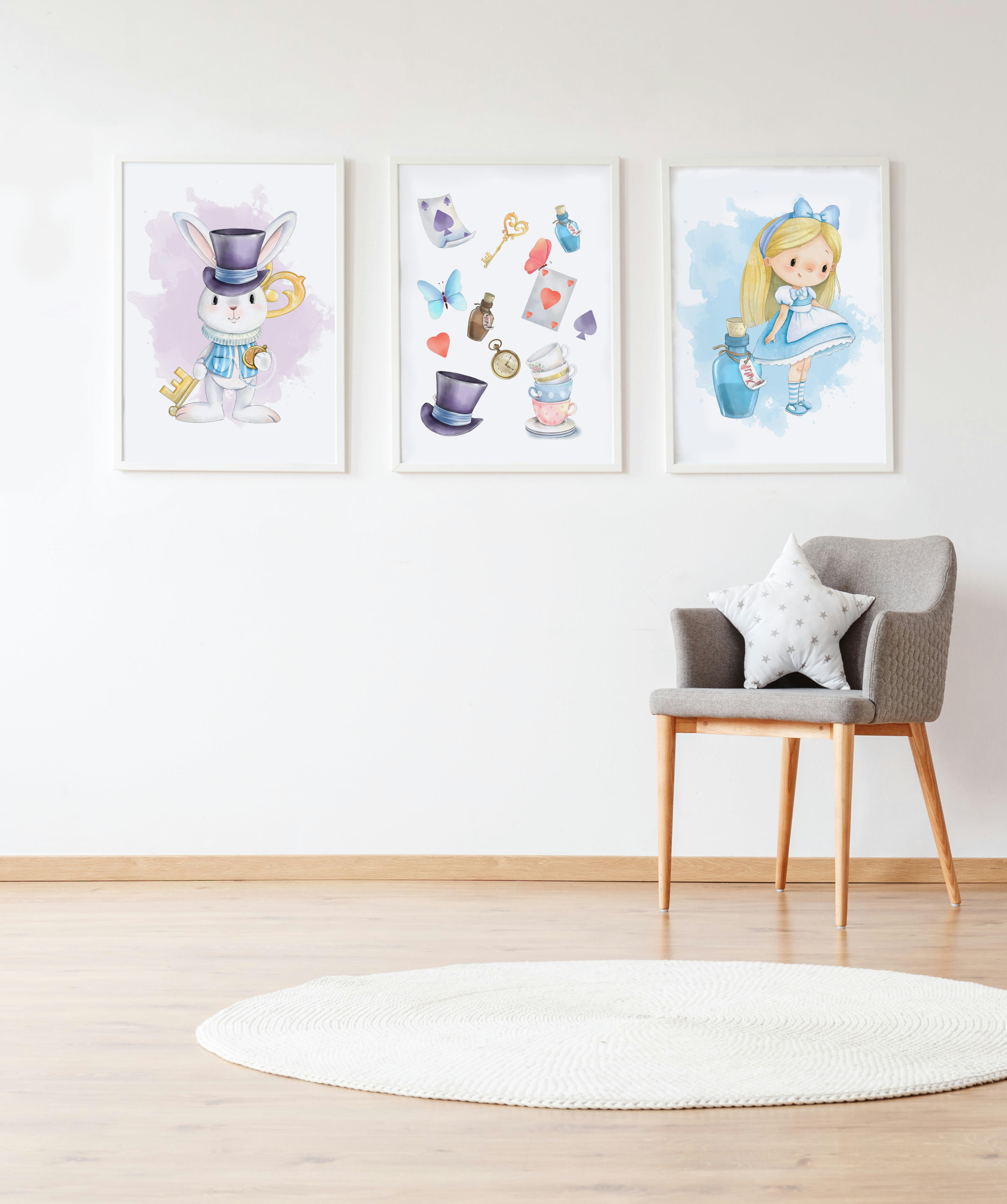 DECOWALL - Pack encadré bois blanc impression le lapin Alice et objets 43X33 cm