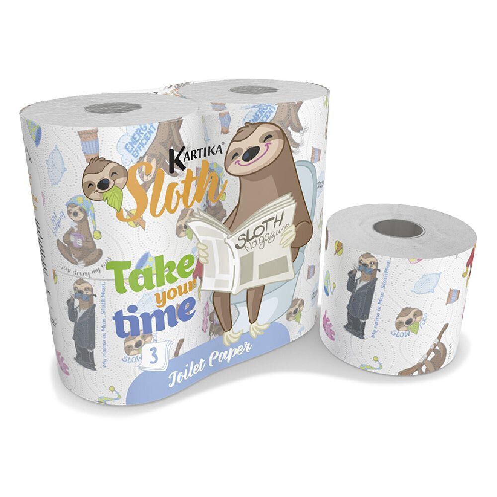 Lot de 4 rouleaux de papier toilette motif paresseux 200 feuilles à 3 plis