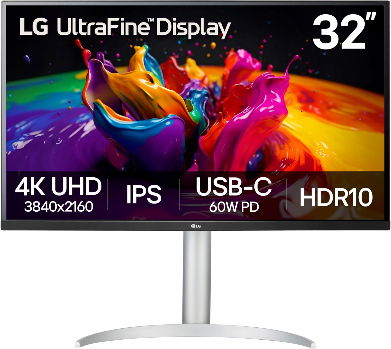 LG 32UP83AK-W 32-inch Ultrafine 4K UHD (3840 x 2160) IPS Computer Monitor  60Hz  HDR10  Built-in Speaker  Reader Mode  HDMI  DisplayPort  USB Type-C 60W PD  Tilt/Height/Pivot Adjustable Stand  White