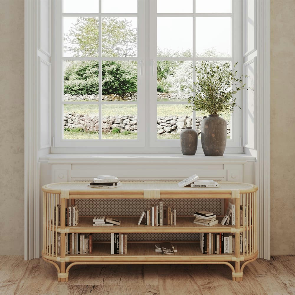 MARTHE - Console 140 cm en rotin naturel avec étagères