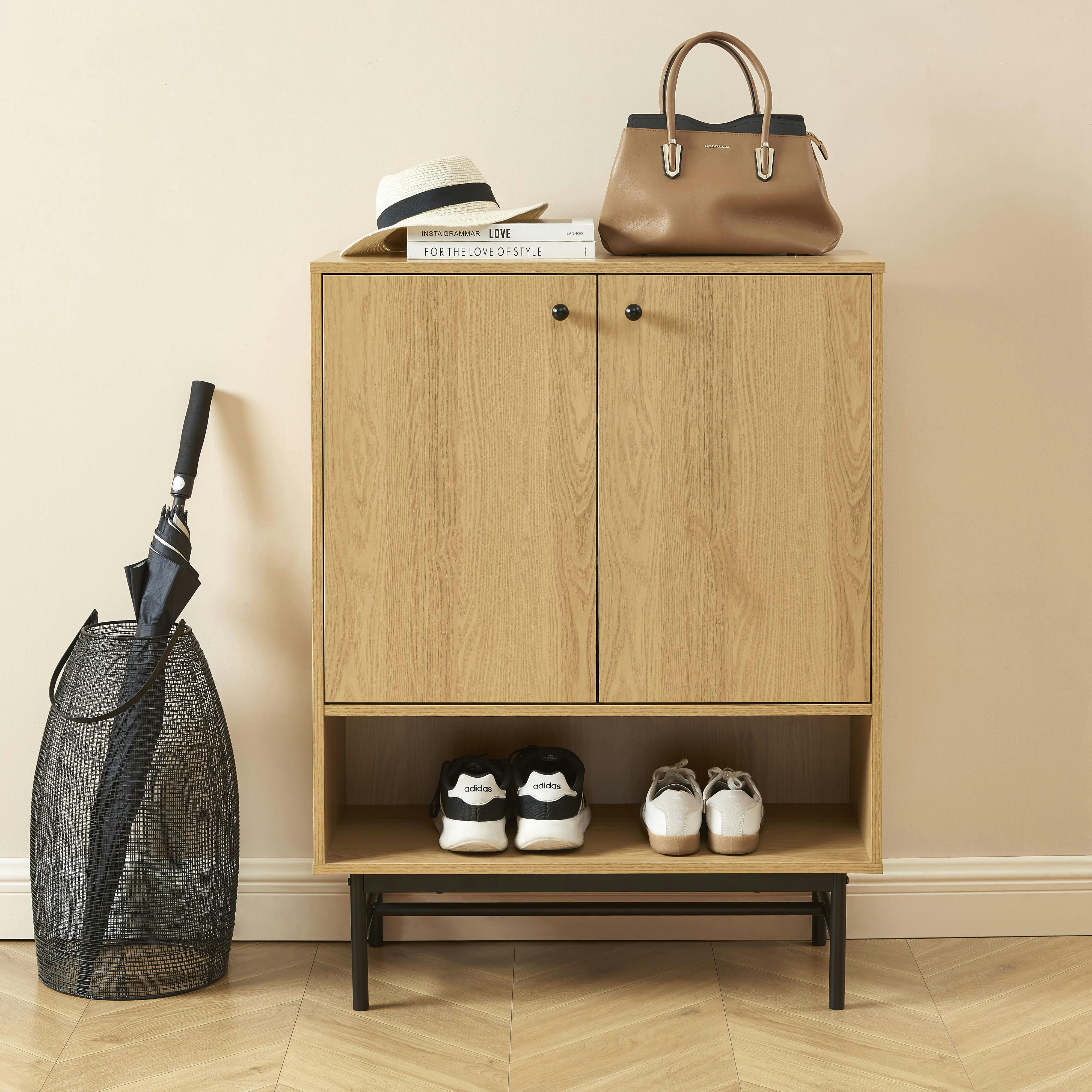 JAMES - Meuble à chaussures  effet chêne pieds métal noir 80cm