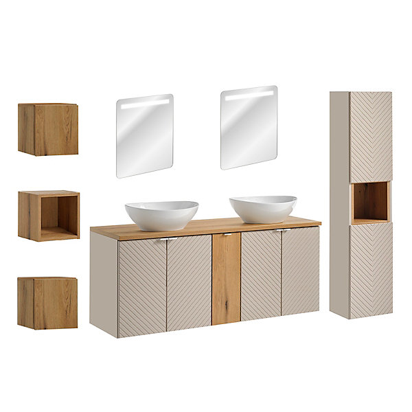 Ensemble meuble double vasque 140cm 5 portes miroirs LED colonne et 3 armoires murales Manoa Cachemire et Bois