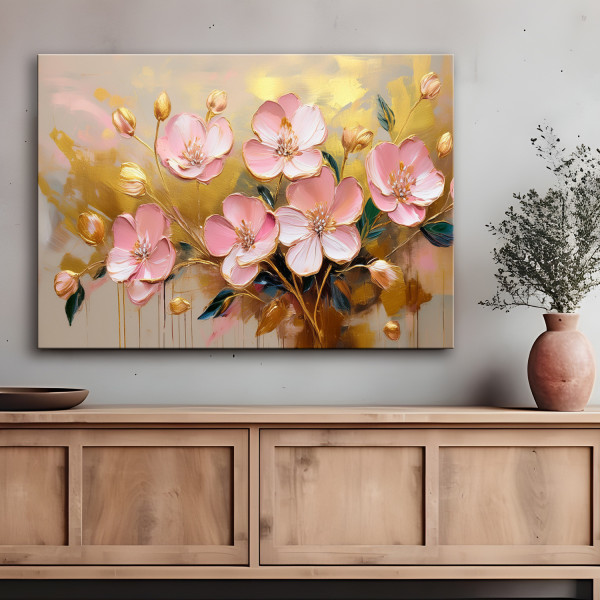 Feeby Obraz na płótnie, Abstrakcja Kwiaty Rózowe Glamour Złoty 60x40