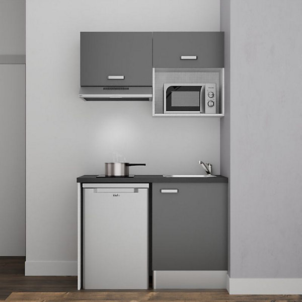 Kitchenette K02 - 120 cm - Façades : Gris - Plan de travail : Noir texturé - Crédences : Non - Evier Inox