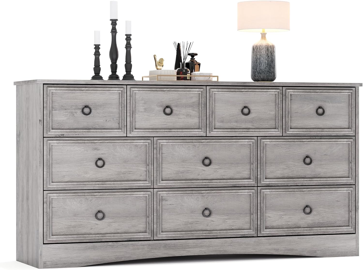 Grey 10 Drawer Dresser & TV Stand, 59 Large Dresser for Bedroom, Wooden Chests of Drawers, Rustic Storage Dressers Organizer for Bedroom, Hallway