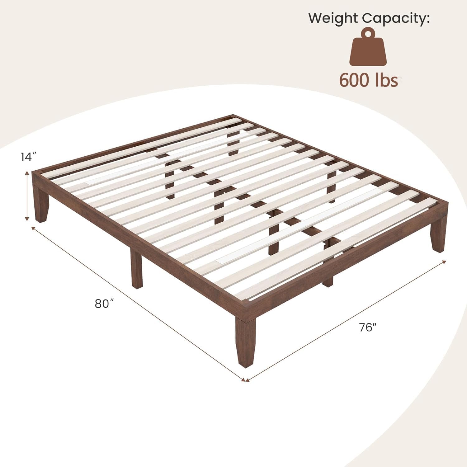 Giantex 14 Inch King Wood Platform Bed Frame, Minimalist Style Mattress Foundation with Solid Rubber Wood, Heavy Duty Slat Support, Without Headboard, Easy Assembly, No Box Spring Needed, Walnut