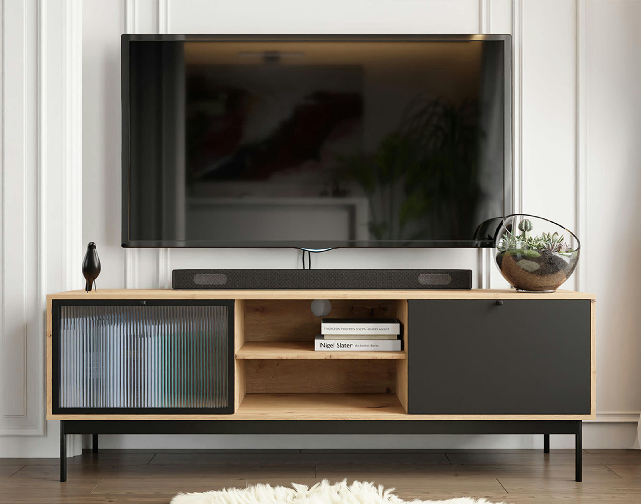 LAMIA - Meuble TV style industriel 174 cm noir / bois