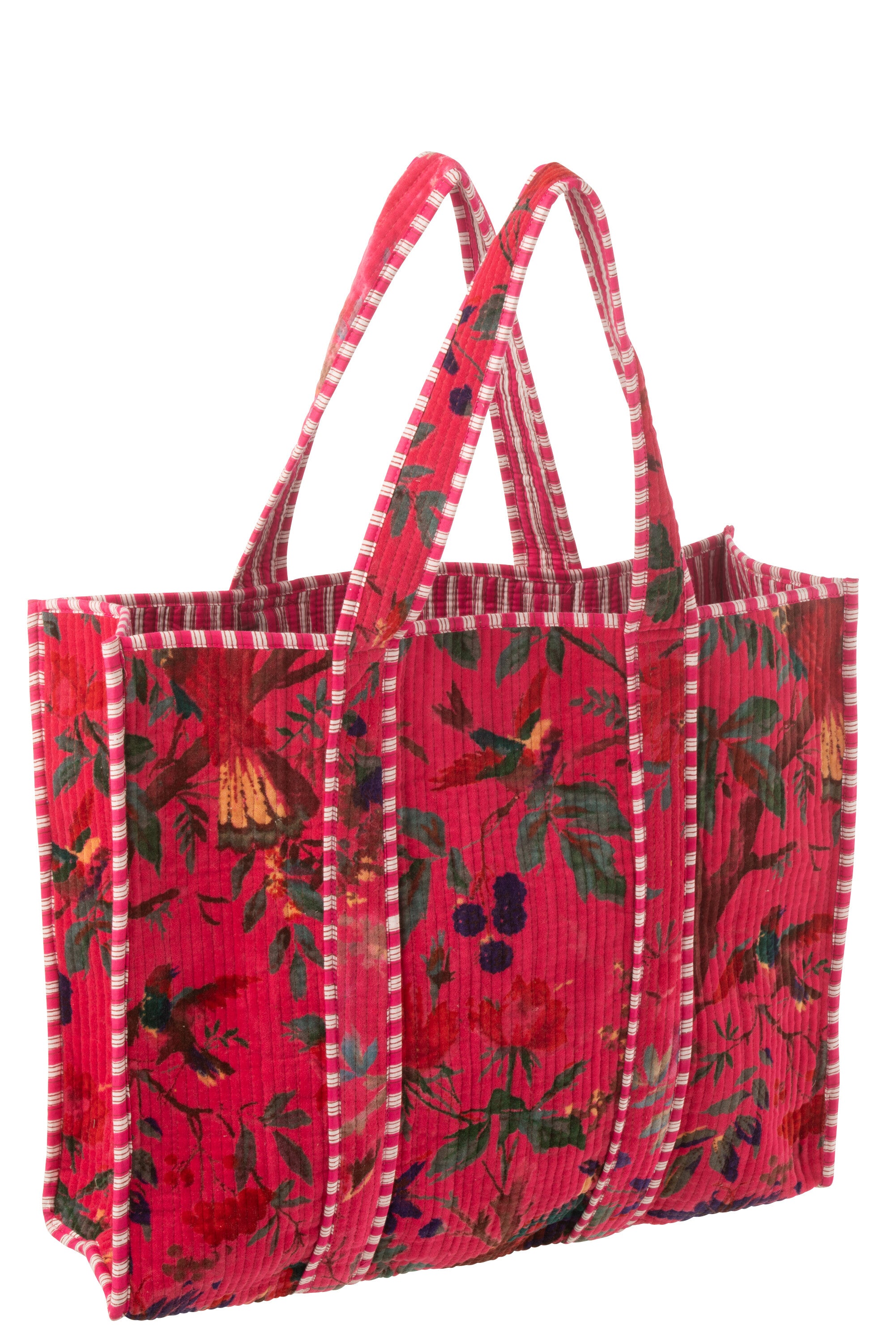 J-Line tas Vogels/Bloemen - katoen/fluweel - roze