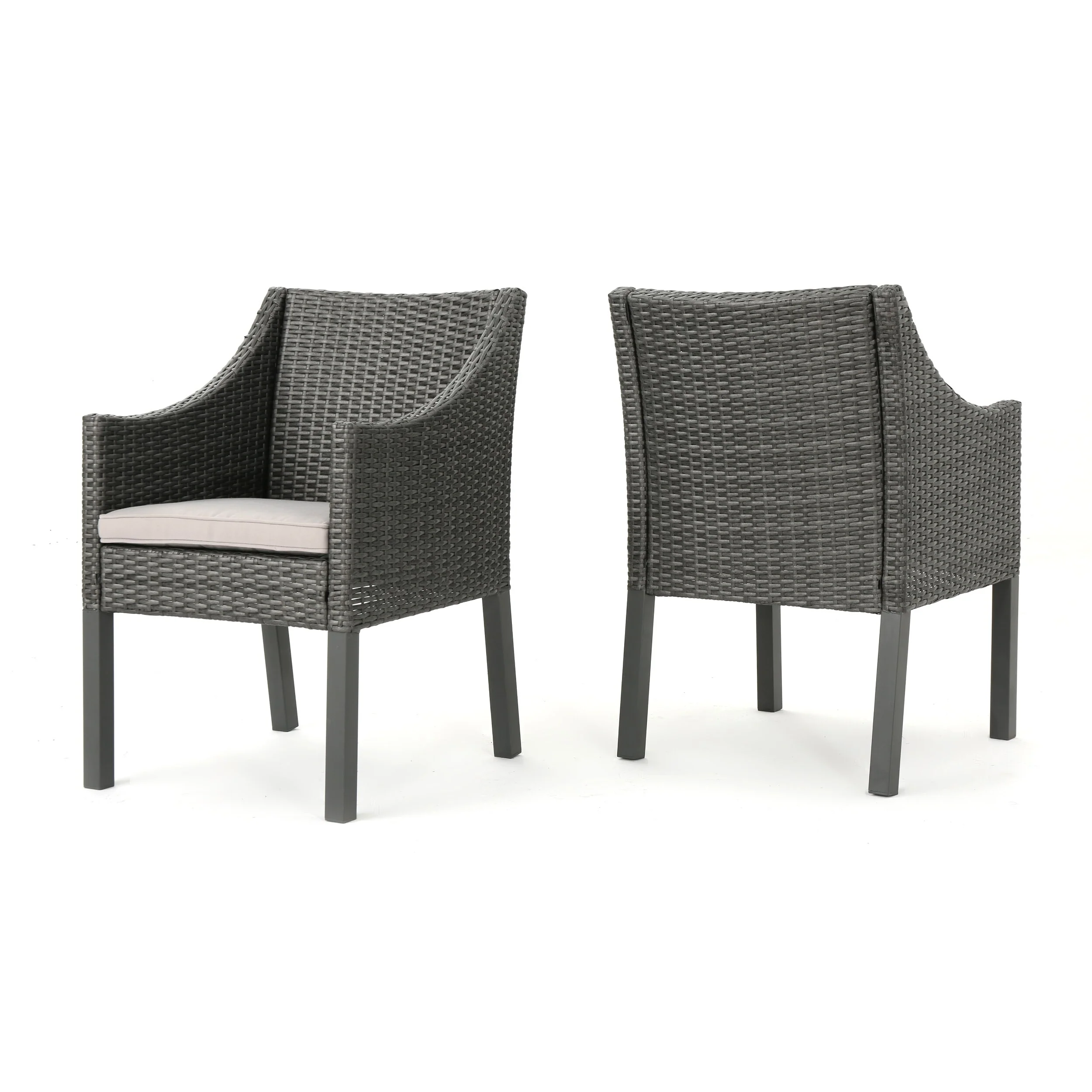 Roomfitters Outdoor Wicker Armchairs with Cushions and Sloped Backrest, Weather-Resistant Patio Seating, Set of 2, Gray