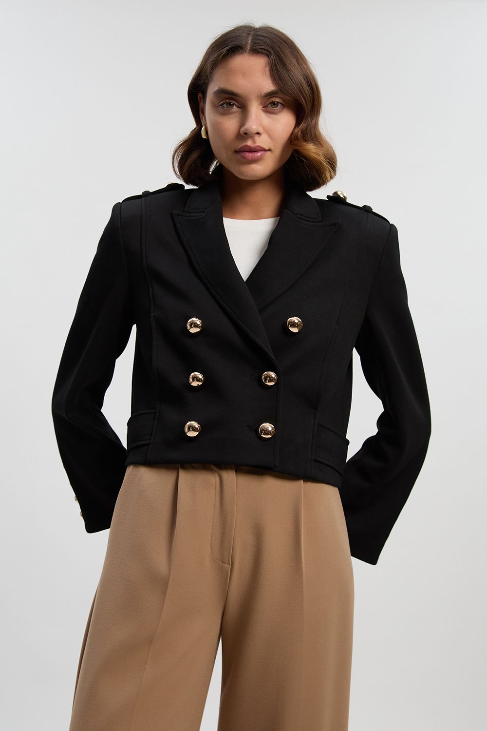KarenMillen Scuba Military Collar Button Detail Cropped Jacket
