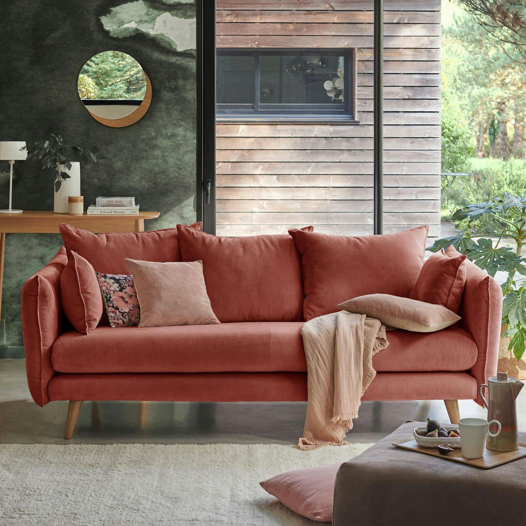 ORION - Canapé velours côtelé Framboise 4 places