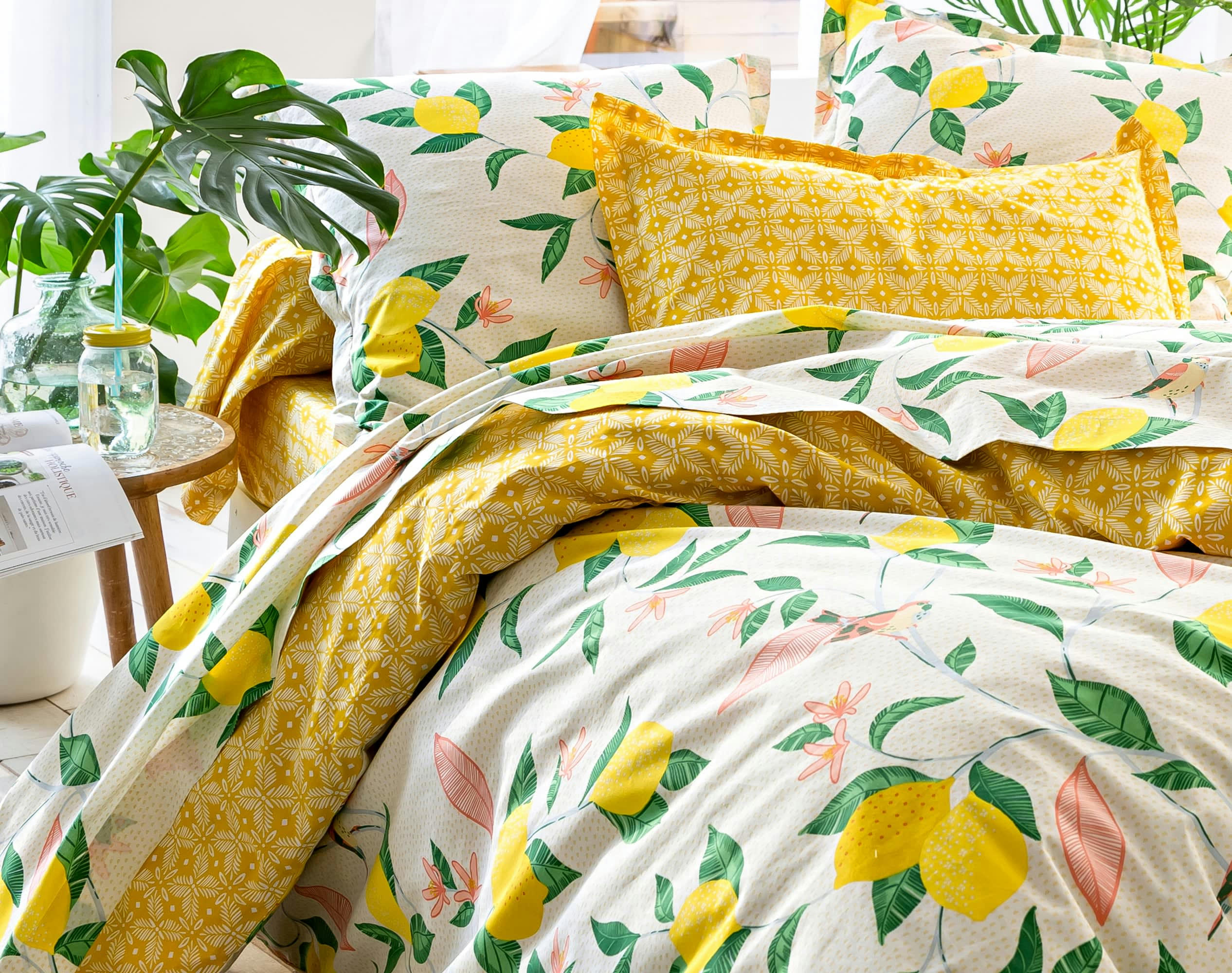 LEMON BIRD - Housse de couette 140x200 en coton jaune citron