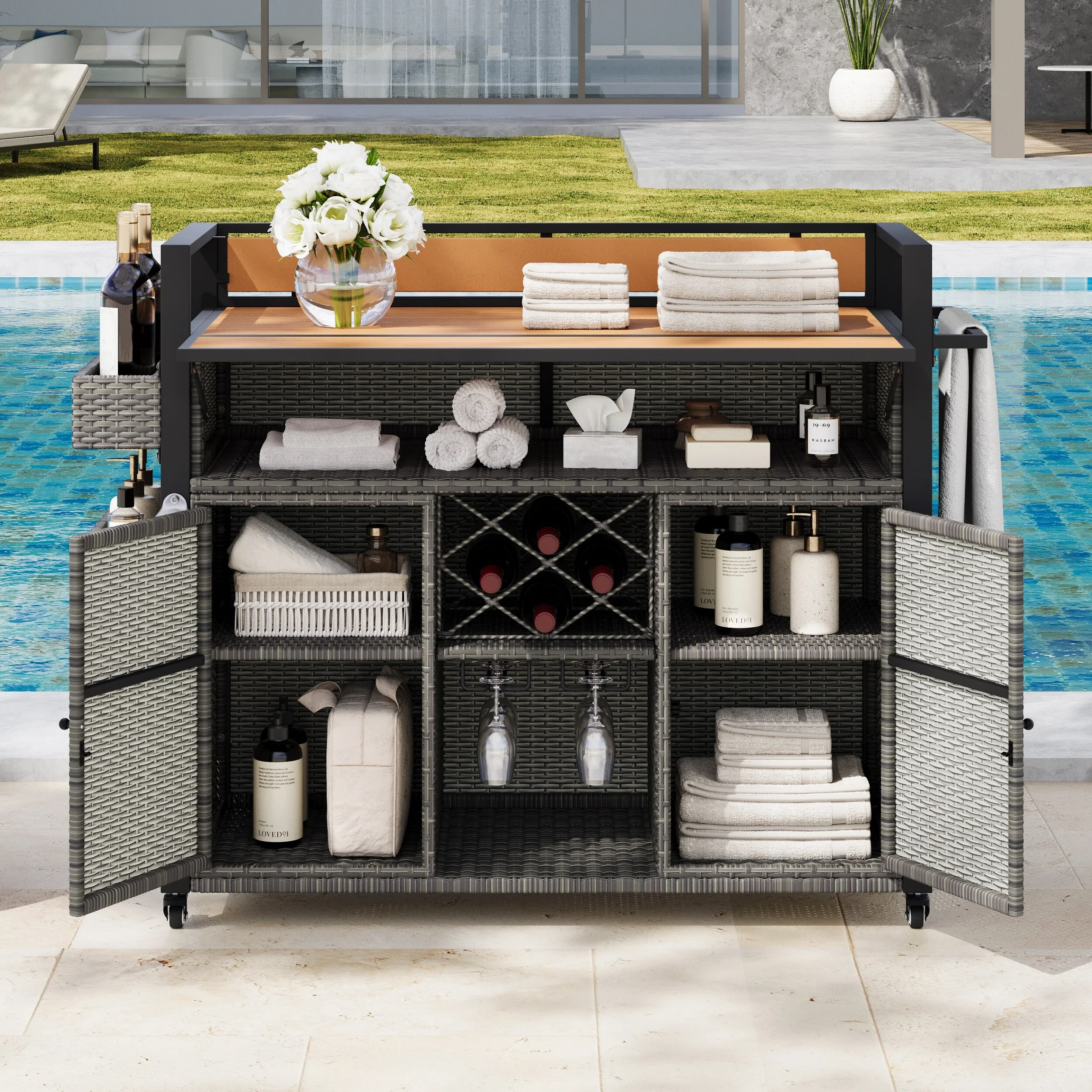 52.8W Wicker Outdoor Grill Cart with Extended Plastic Wood Table Top, Rolling Kitchen Island on Wheels with Storage Cabinet