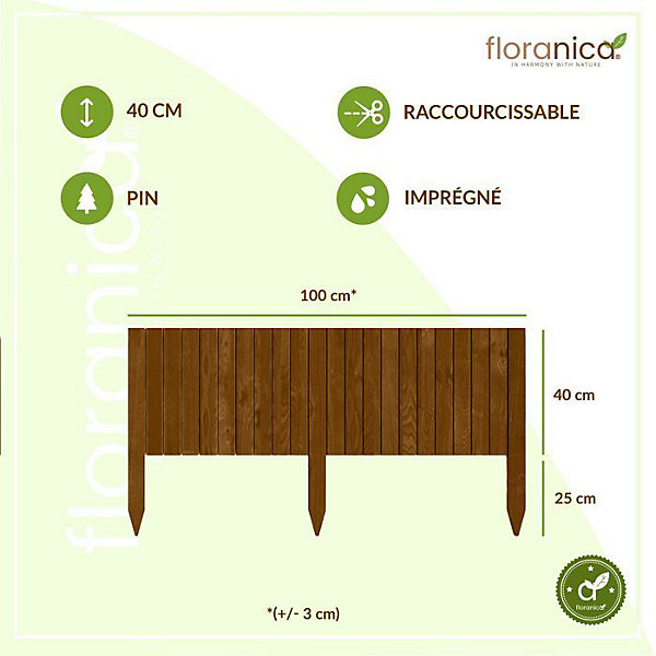 Floranica Bordure flexible de parterre Imprégnée 100 x 40 cm Brune (raccourcissable) Clôture en bois en pin Palissade Rollboarder