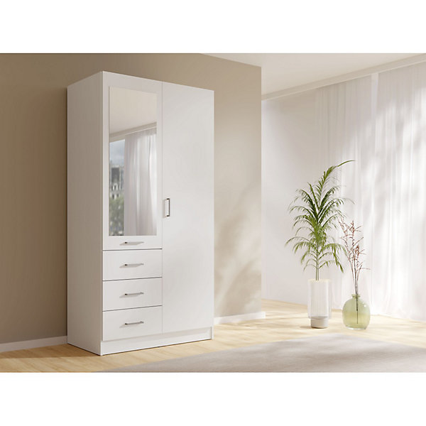 Armoire KALISTA 101 cm blanc mat avec miroir et 3 tiroirs2 portes battantes