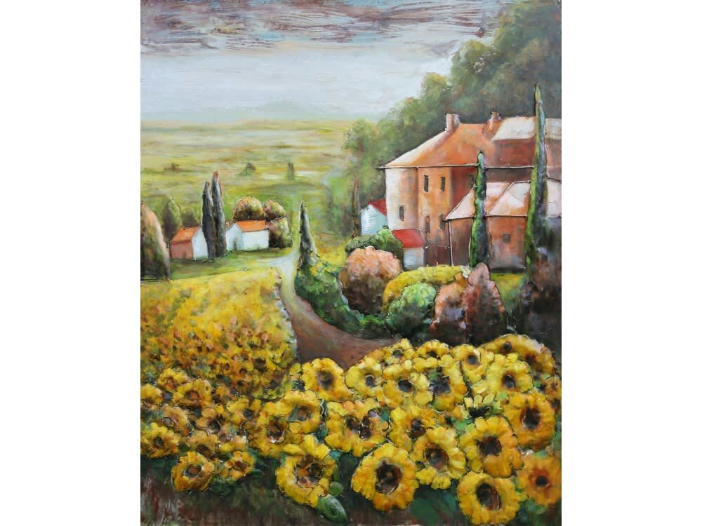 MÉTAL BRASS - Tableau relief en métal maison de campagne 80x60