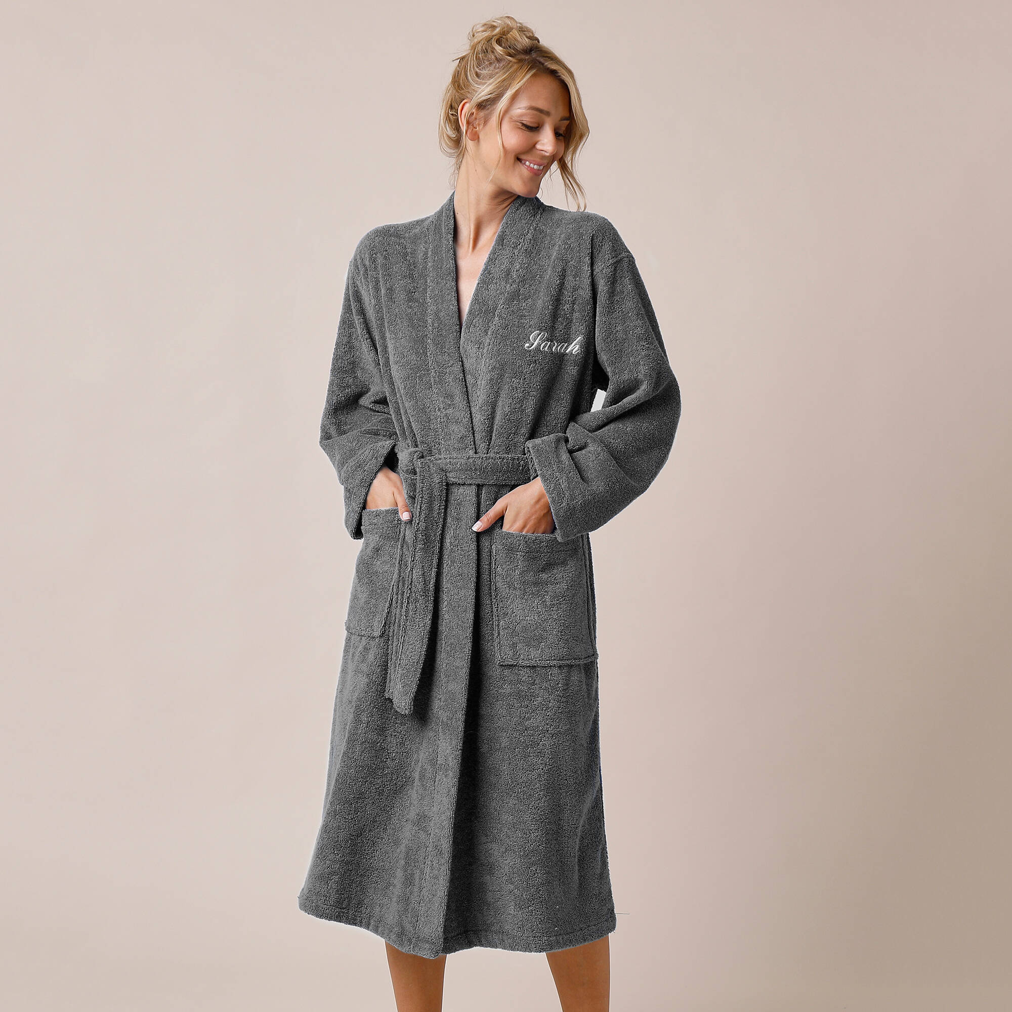 Peignoir mixte adulte uni coton éponge bouclette col kimono personnalisable