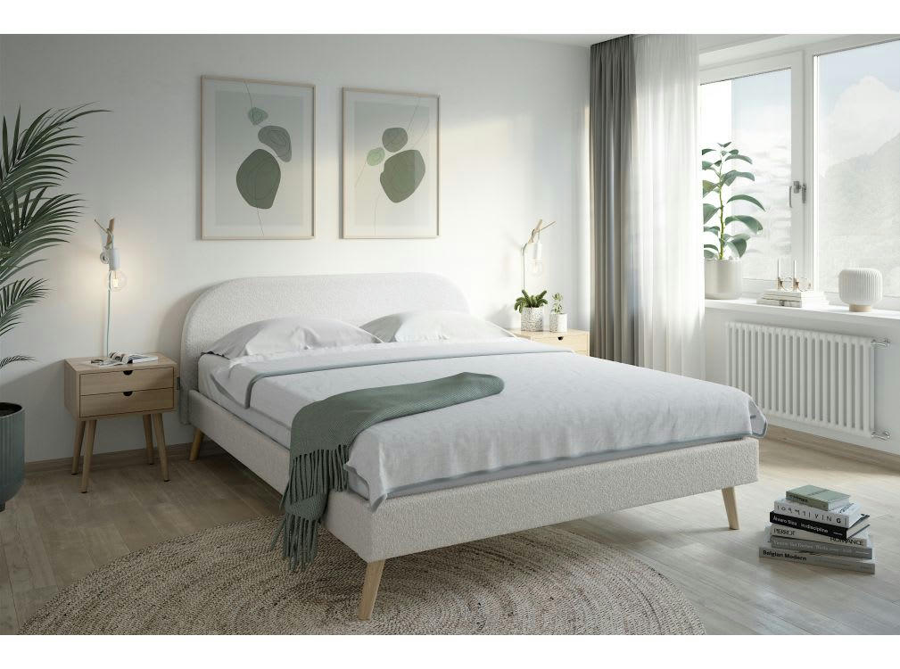 SOMN - Cadre de lit tissu bouclette avec tête de lit et sommier, 140x190 cm
