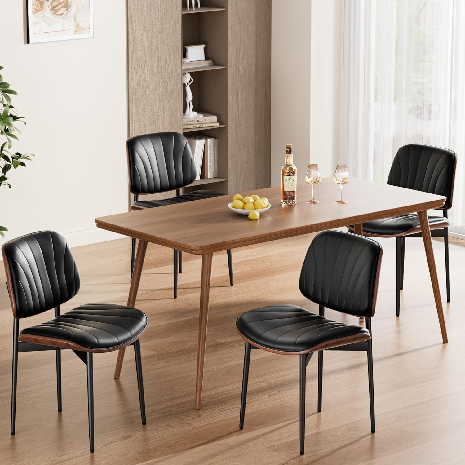 REONEY Dining Chairs Set of 4, Mid-Century Modern Upholstered PU Leather Chairs with Walnut Bentwood Back and Metal Legs Adjustable Feet for Kitchen Dining Room, Black Shell Strips