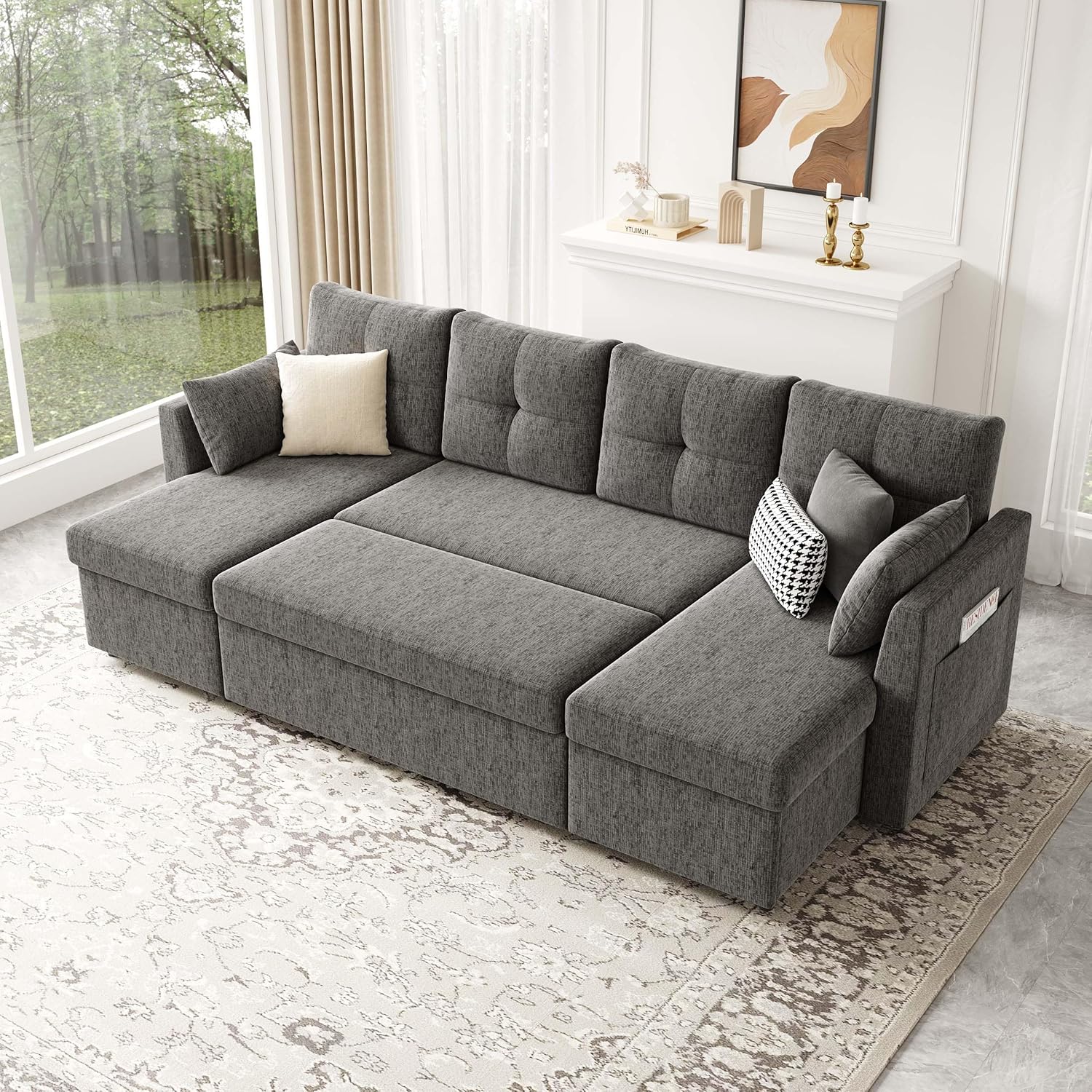 Oversized Sleeper Couch Sofa, 110 inch 2 in 1 Pull Out Couch with Double Storage Chaise, Sectional Sleeper Sofa Bed with Side Pocket for Living Room, Dark Grey