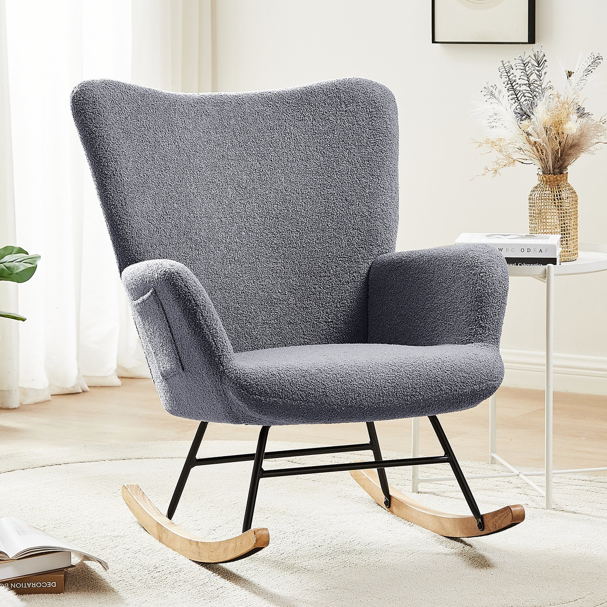 Javlergo Teddy Fabric Rocking Chair, Upholstered Nursery Glider Rocker with High Backrest & Side Pocket