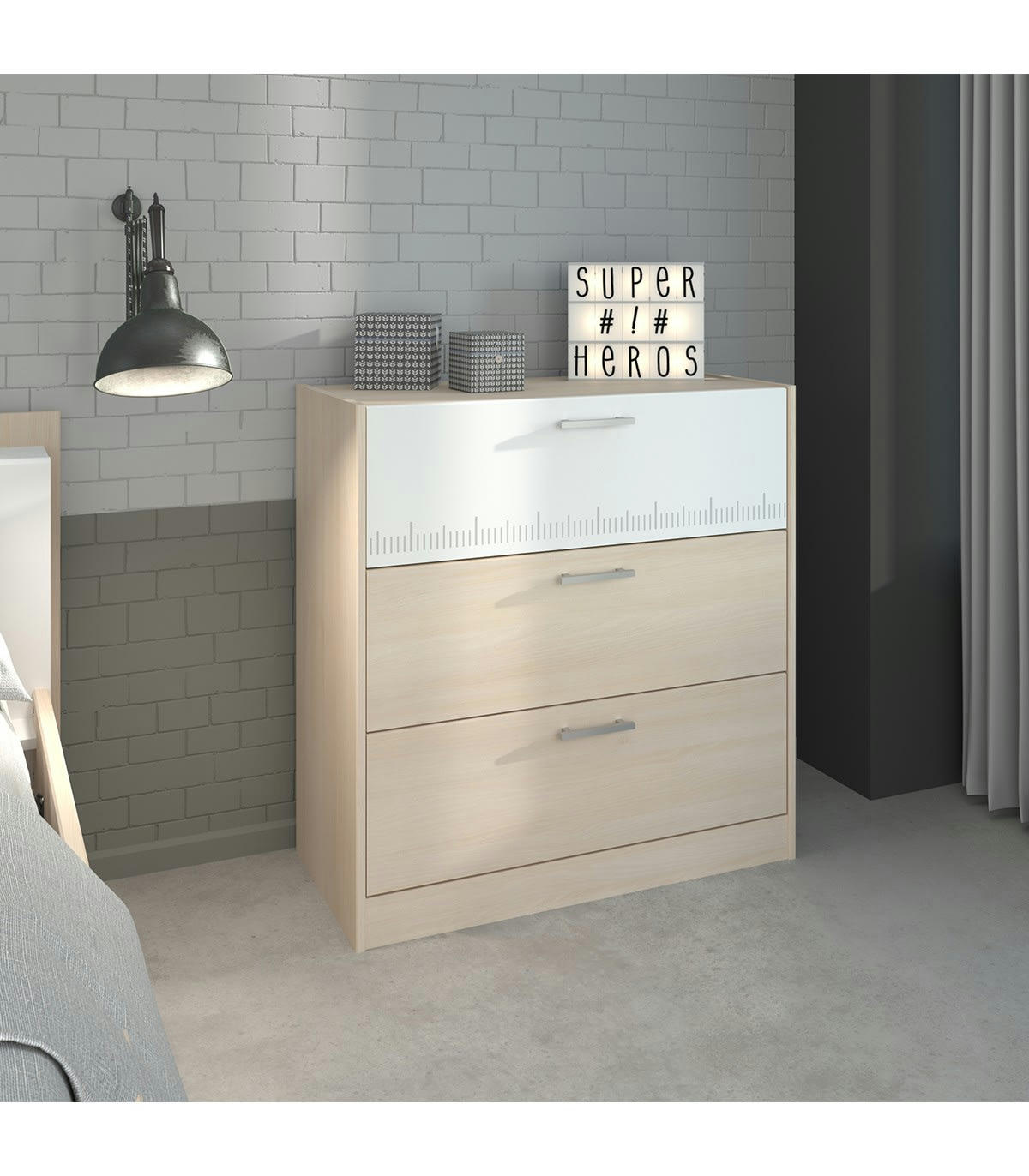 CHARLY - Commode 3 Tiroirs décor Bois clair et Blanc - L78 cm