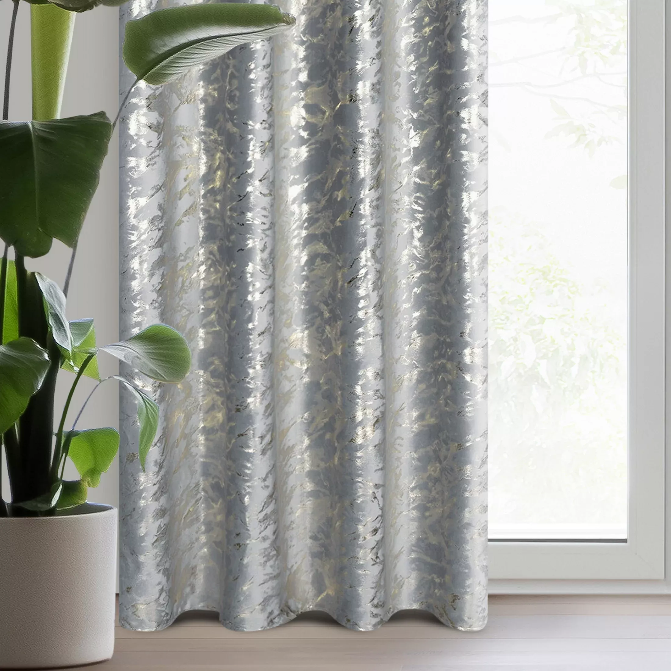 Zasłona welwetowa, stalowa z błyszczącym złotym nadrukiem 140x250 cm złota przelotka - DORIS - Design 91