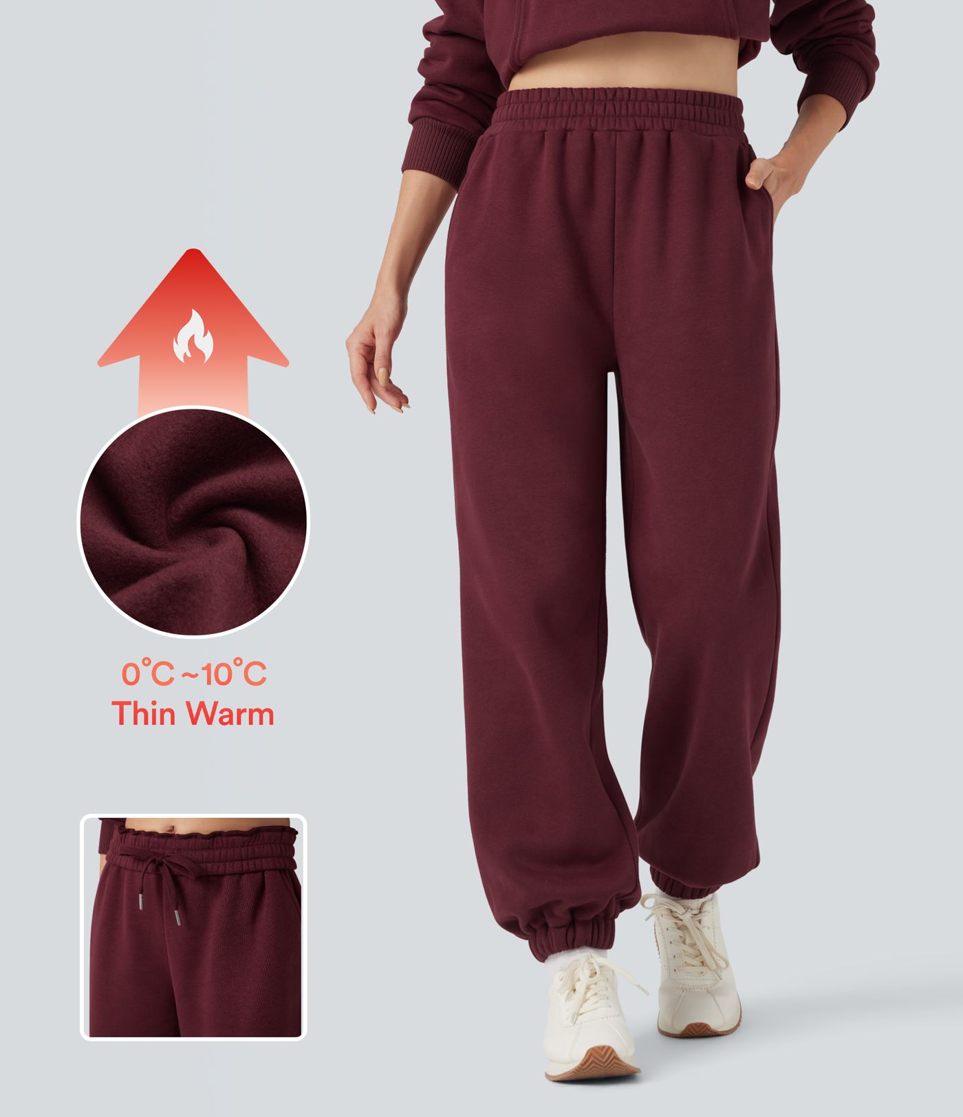 Jogging molleton taille haute repliable avec cordon de serrage et poches