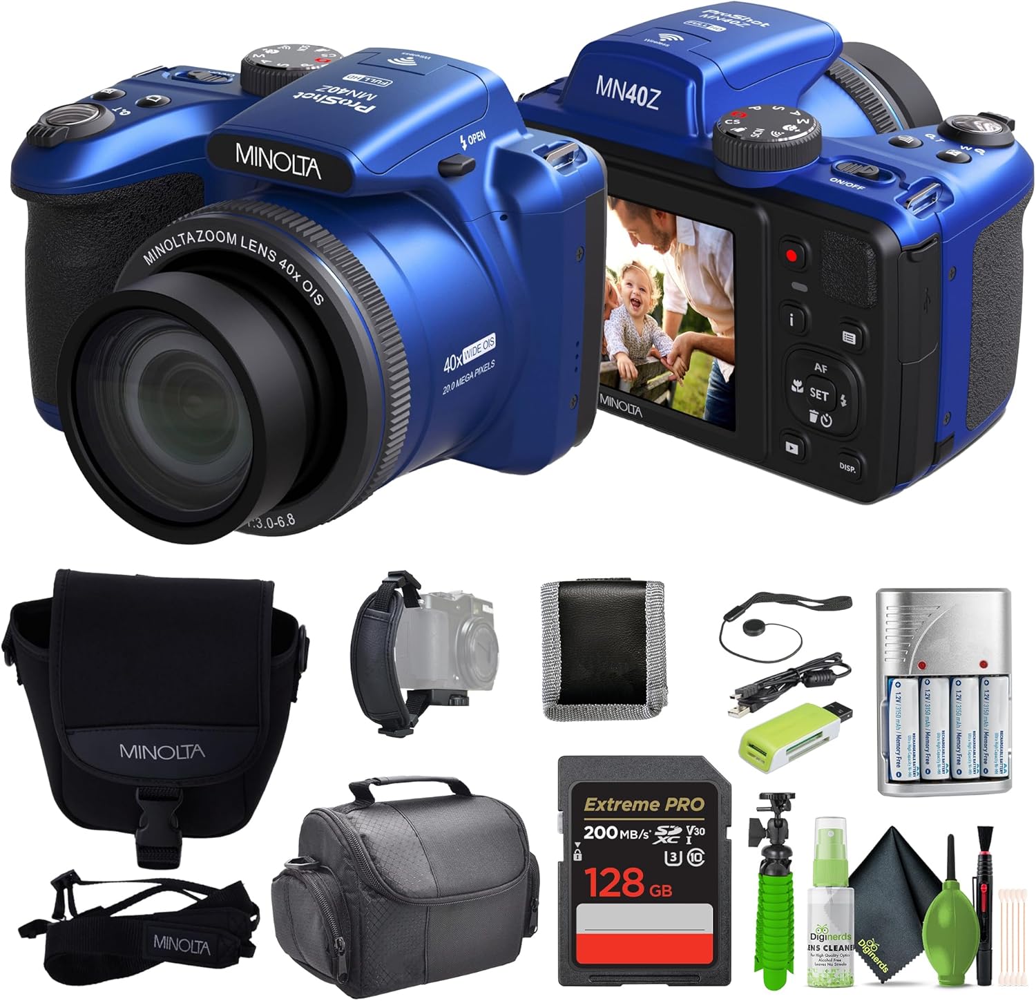MINOLTA MN40Z 20 Mega Pixels 40x Optical Zoom Digital Camera with 1080p FHD Video  Blue  Bundle with 64GB Memory Card + Vlogging Tripod + 4xAA Battery with Charger + More Accessories