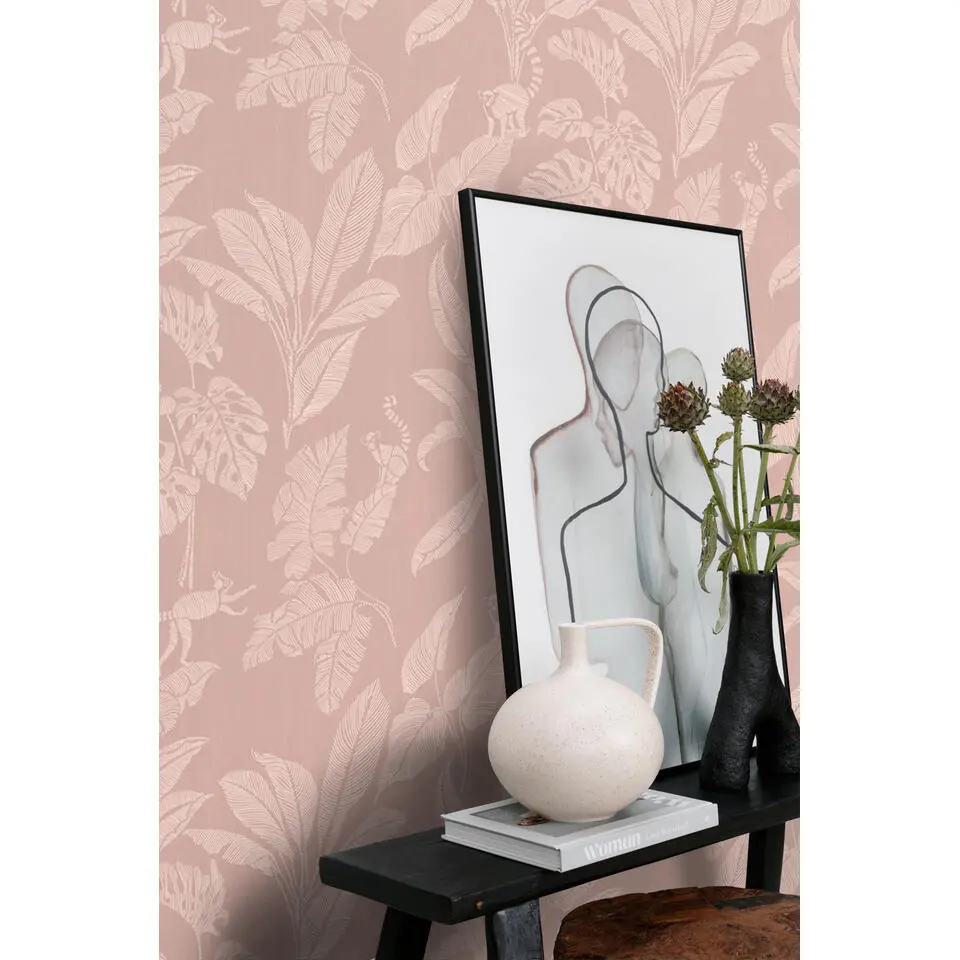 ESTAhome behang apen en jungle bladeren oudroze - 50 x 900 cm