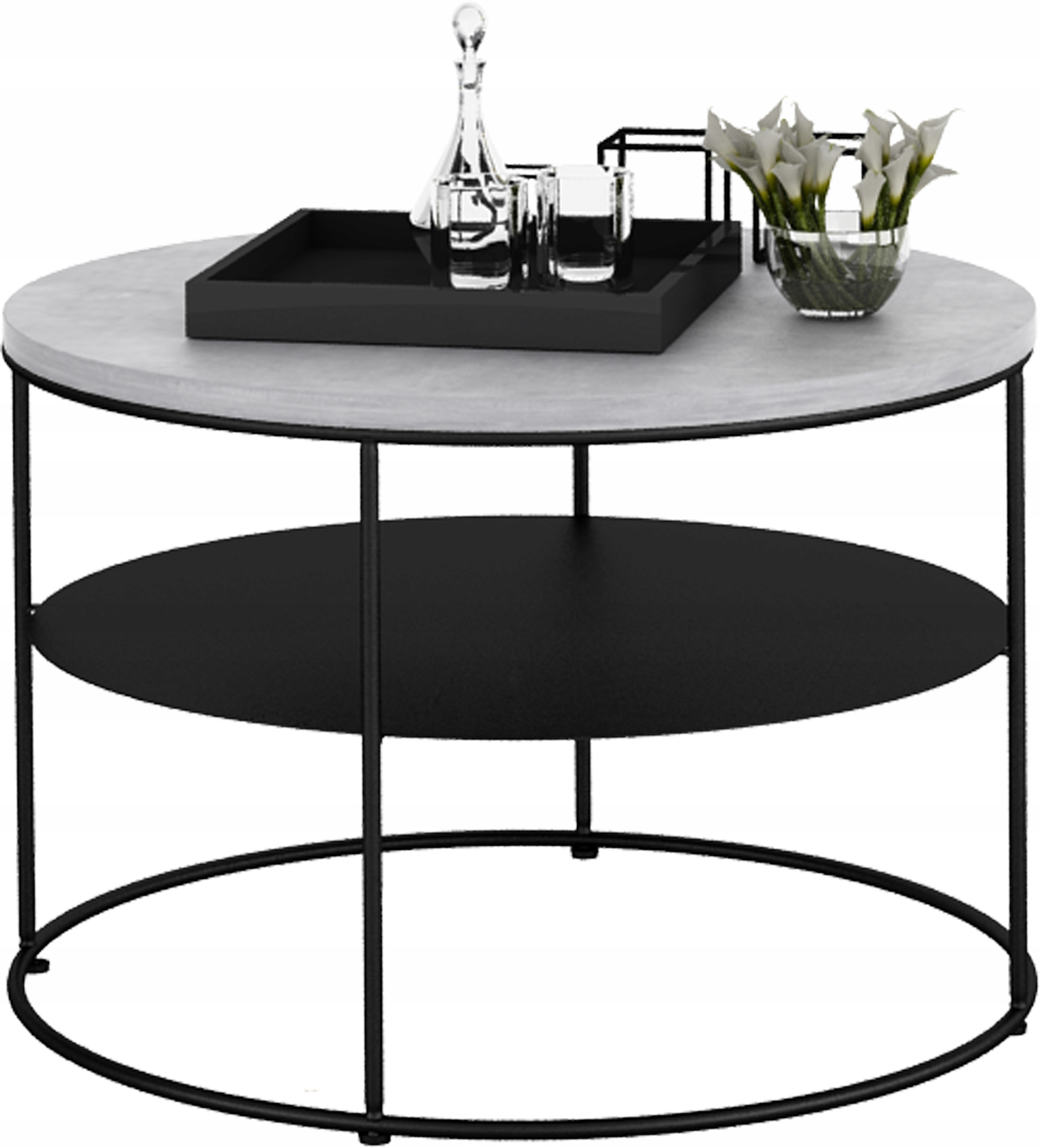Stolik Kawowy Okrągły z Półką Loft Salon 55x55x37 Czarny Beton Jasny