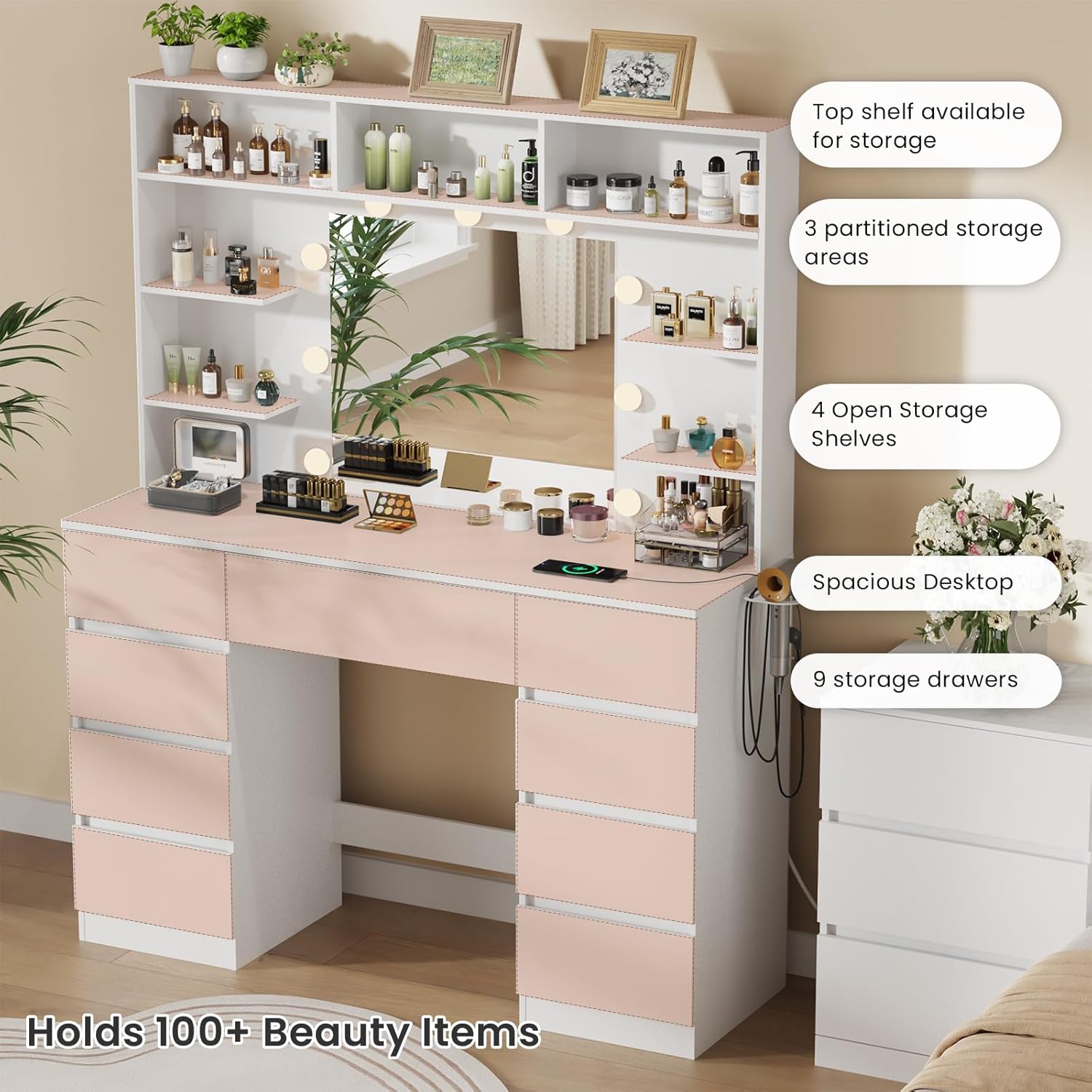 Vanity Desk with Mirror and Lights,43 Makeup Vanity Table with 9 Drawers and 7 Storage Shelves, Power Outlet & Adjustable LED Lights, Dressing Table for Bedroom，White
