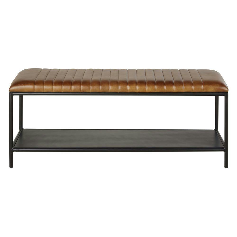 ALBERTO - Banquette en métal noir et cuir de buffle marron